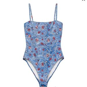 Doen Blue and Red One Piece Swimsuit Classic Floral Design